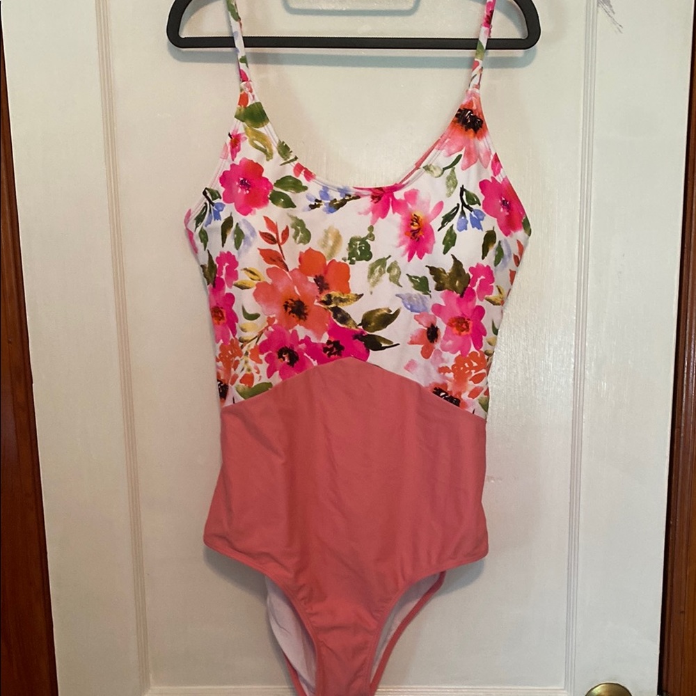 Pink Floral One Piece Swimsuit with Spaghetti Straps